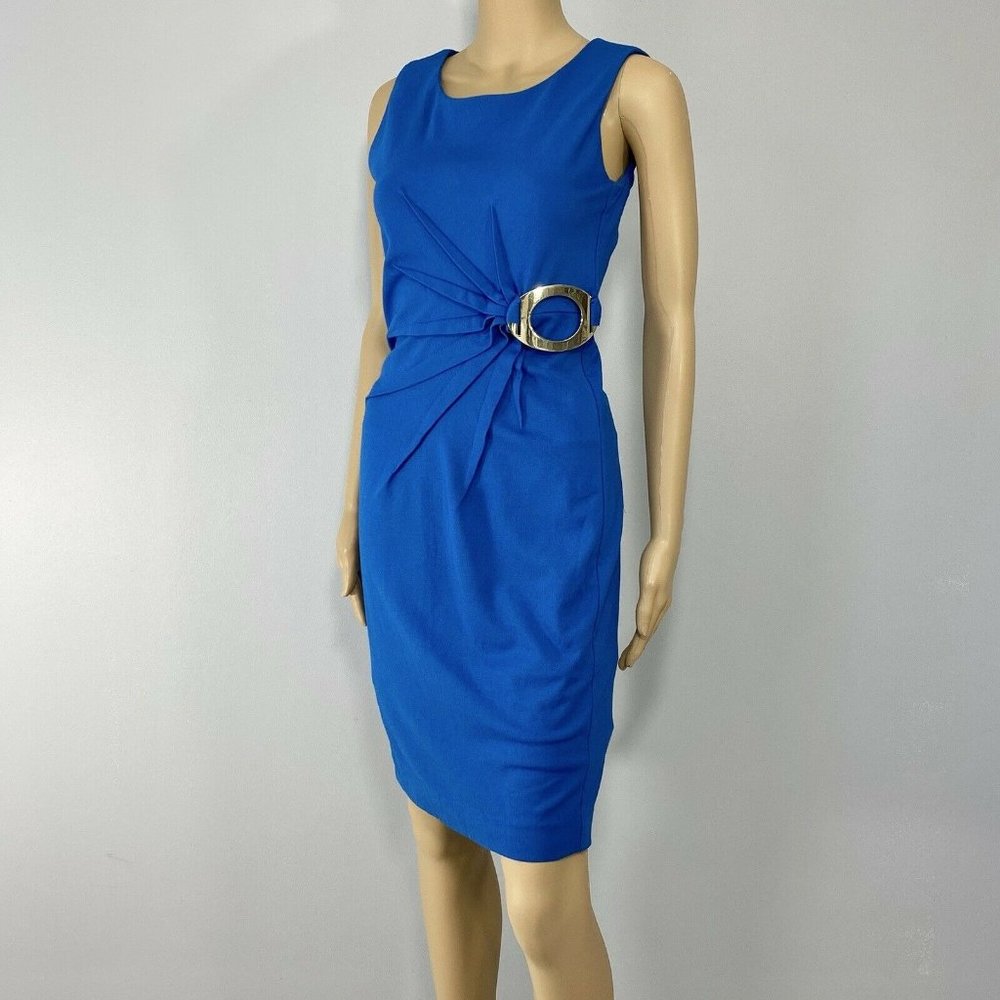 Alfani Sheath Dress Womens Size 2 Sapphire Blue Gathered Side Silver Buckle